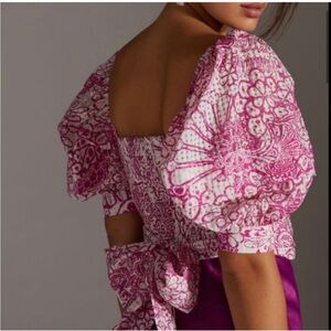 Anthropologie Maeve Pink Floral Eyelet Crop Puff Sleeve Top Size Small EUC